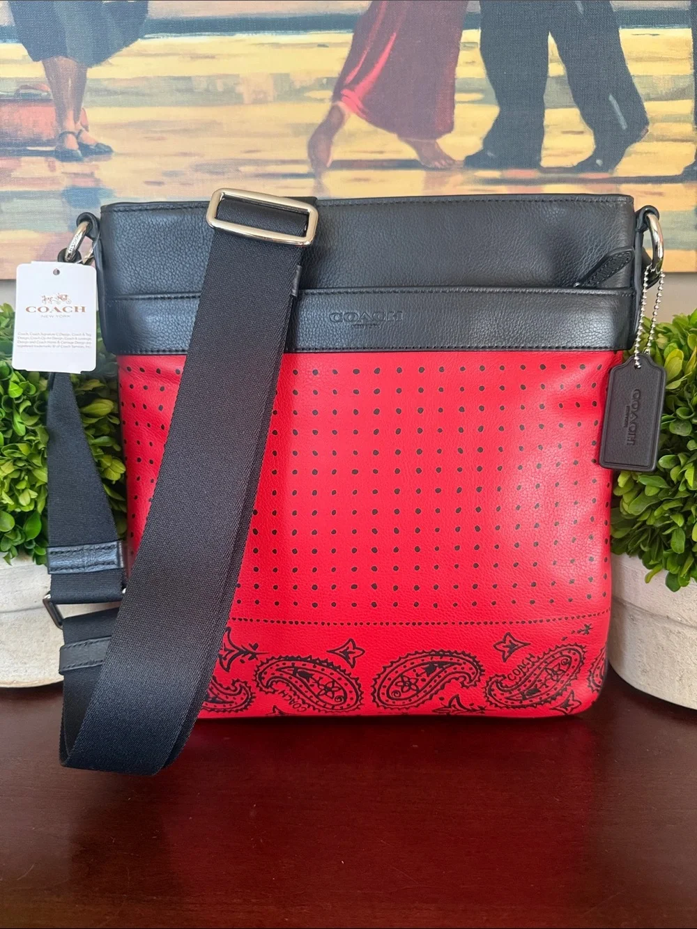 COACH F55961🖤❤️CHARLES❤️🖤RED/BLACK BANDANA LEATHER UNISEX CROSSBODY BAG🌟NWT🌟